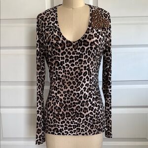 Leopard Print Long Sleeve Top with heart stones